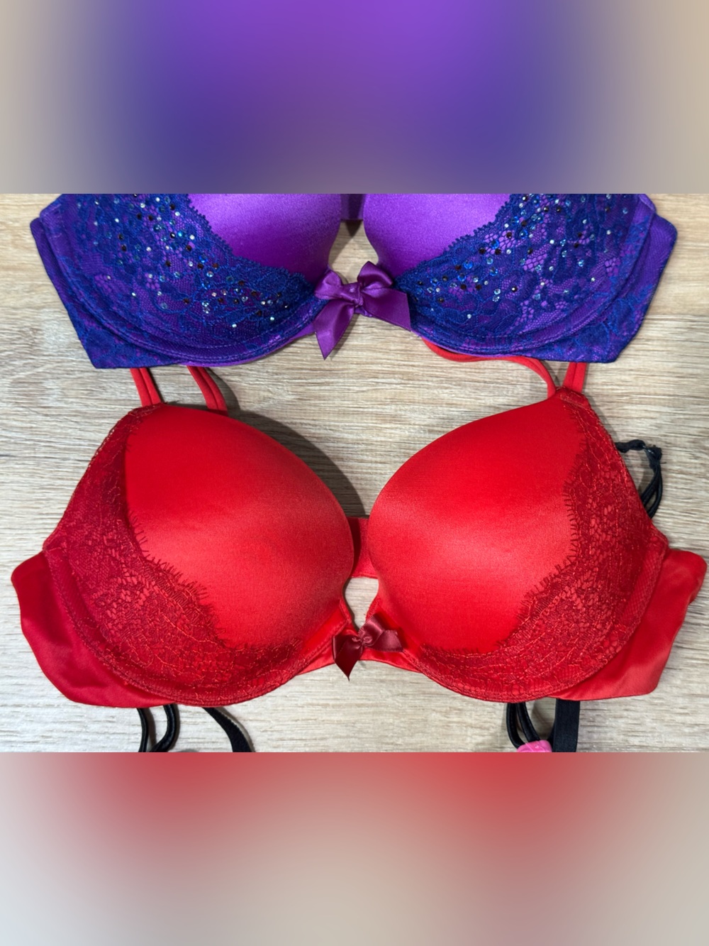 Victoria's Secret Purple, Red and Black Lace Push-Up Bra Set Size 34B - Picture 3 of 8